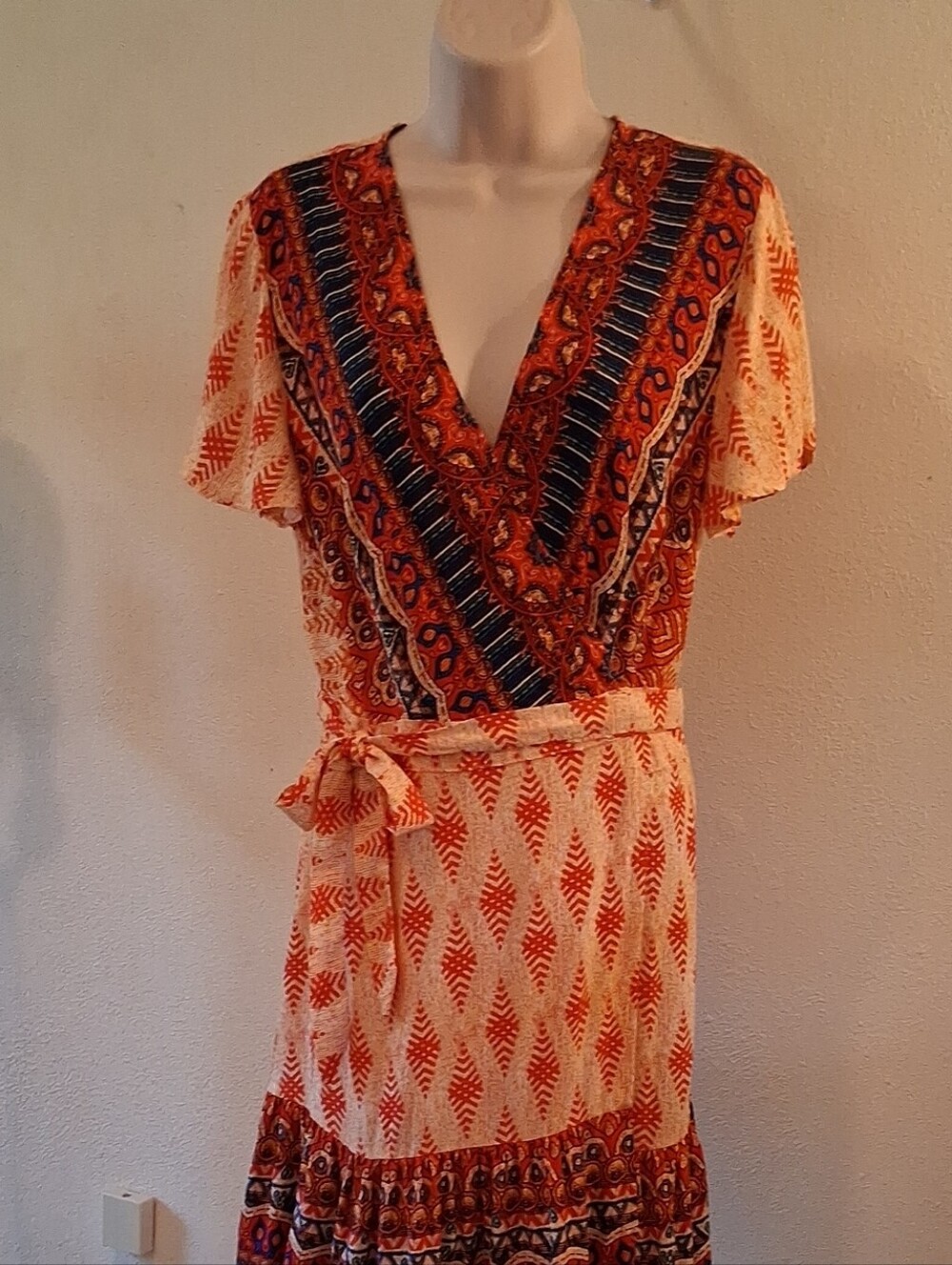 Boho Orange Printed Wrap Midi Dress with Tie Waist